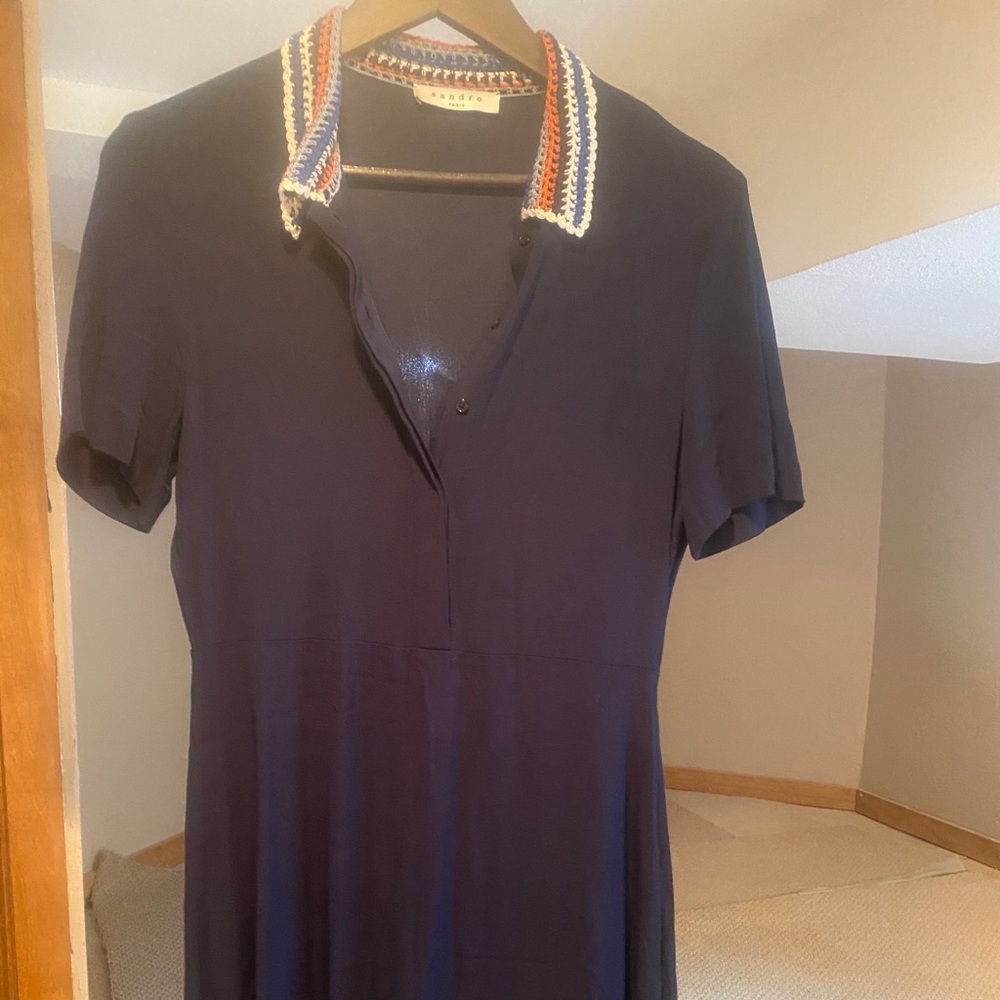 Blue Sandro dress with crochet collar